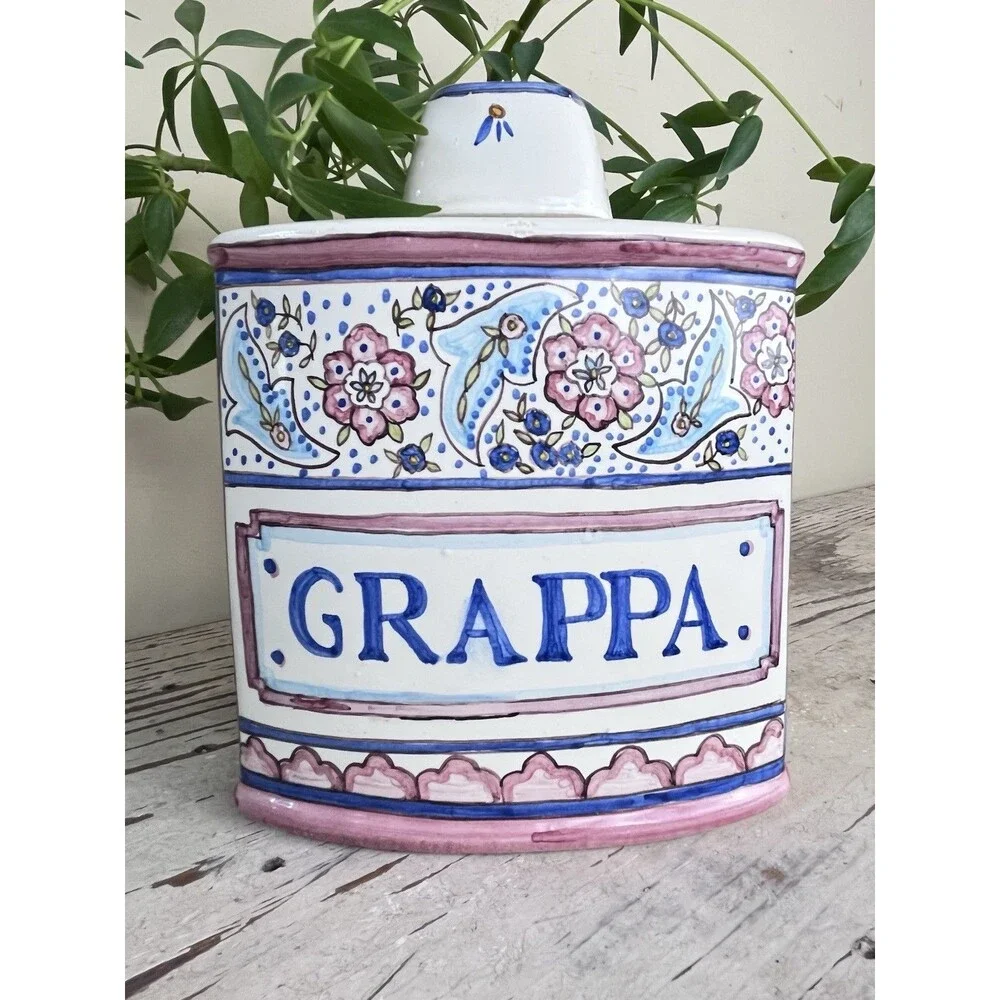 Vintage Hand Painted Italian Pottery Grappa Decanter W/Lid / Italy Home Bar 7”